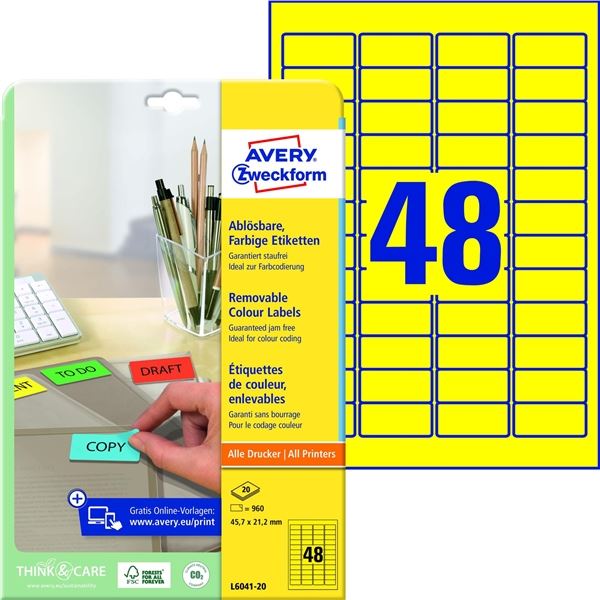 Ablösbare Etiketten, gelb, 45,7 x 21,2 mm, 960 Stück