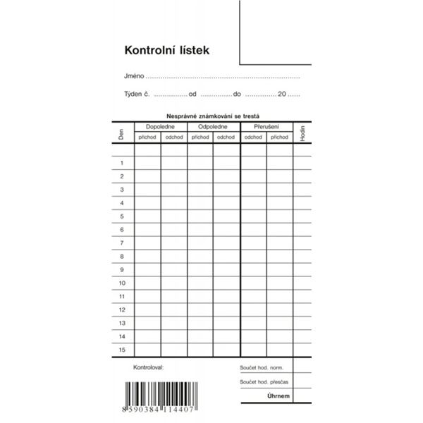 Kontrollzettel, einfach, 9 x 19 cm