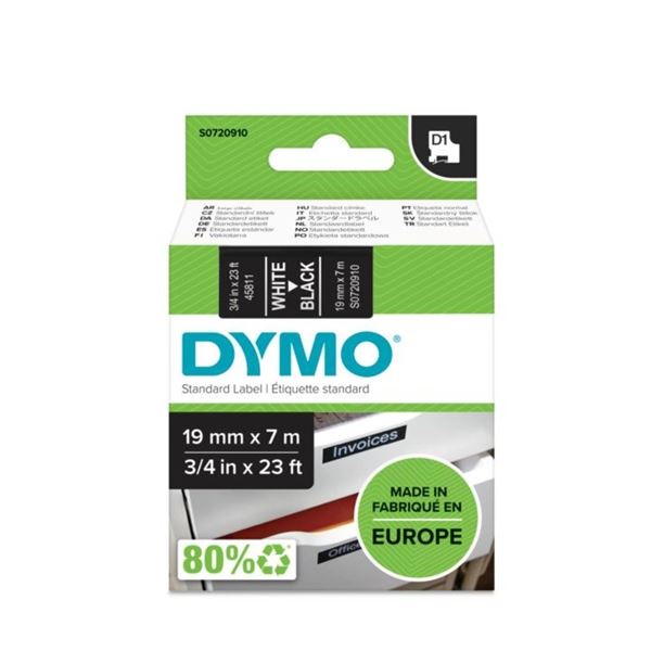 Dymo Tape D1, 19 mm x 7 m, weiße Schrift/schwarzer Hintergrund