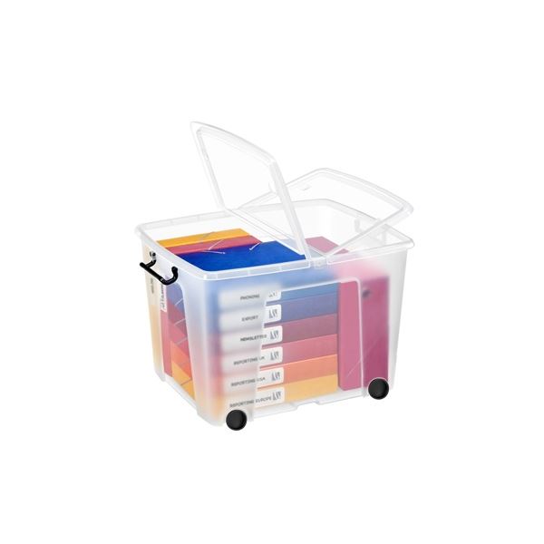 Mehrzweckbox STRATA HW676, mit Deckel und Rollen, 75 l, transparent