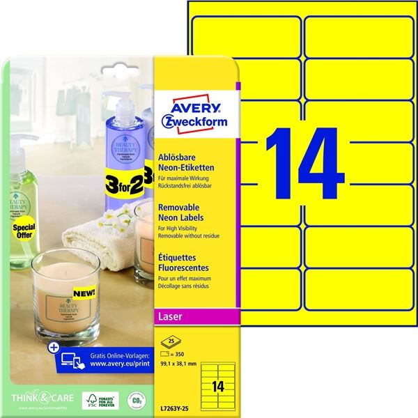 Neon-Etiketten, gelb, 99,1 x 38,1 mm, 350 Stück